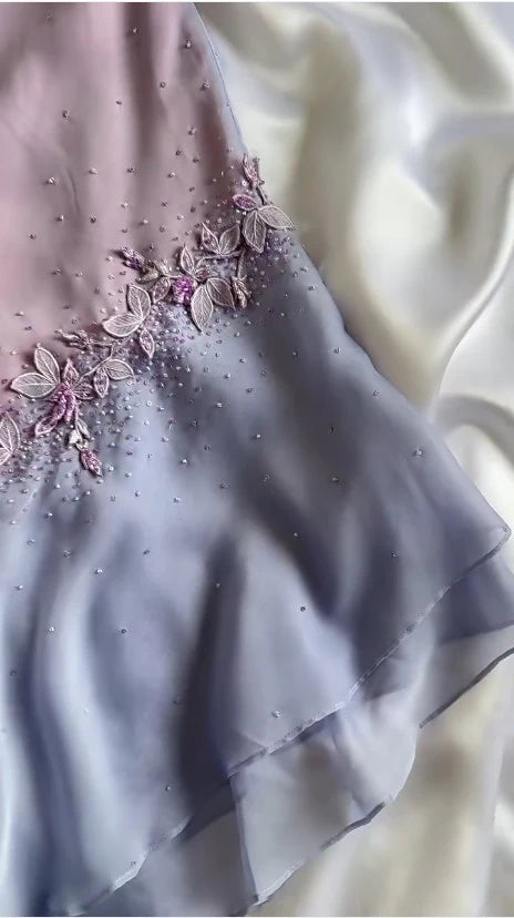 Purple Floral Fairy Homecoming Dress Spaghetti Strap Beaded Chiffon Short/Mid-Length Prom Dress Party Dress nv4344