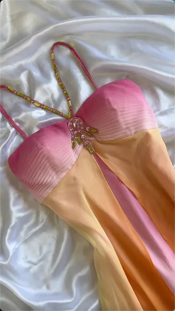 Colorful Spaghetti Strap Long Chiffon Party Dress Ball Gown nv4342