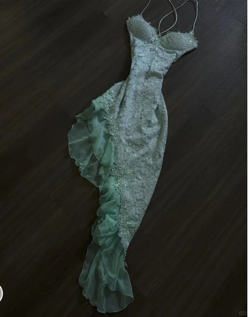 Mint Green Sweet Spaghetti Strap Short Chiffon Homecoming Dress Lace Party Dress nv4270