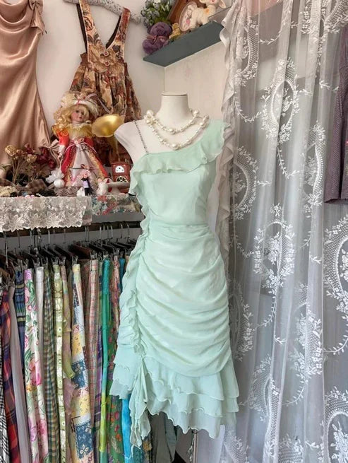 Mint Green Homecoming Dress Sweet Chiffon Ruffle Short Party Dress nv4302