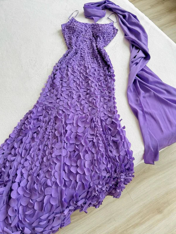 Robe de soirée longue en mousseline de soie violette élégante à bretelles spaghetti, robe d'anniversaire, robe de vacances, robe de soirée nv4343