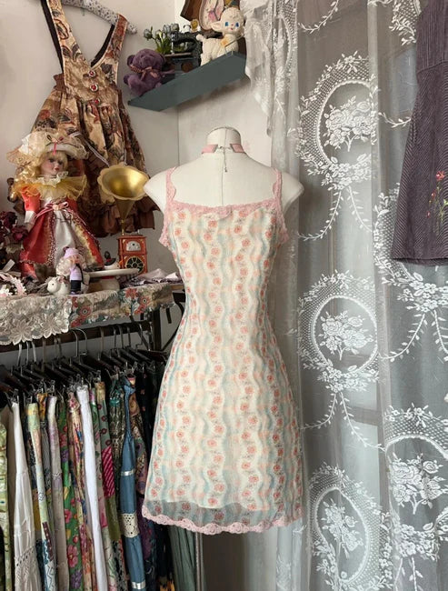 Pink Floral Homecoming Dress Cute Spaghetti Strap Chiffon Short Party Dress nv4298