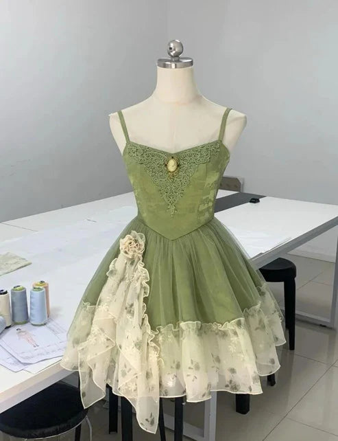 Green/Burgundy Homecoming Dress Spaghetti Strap A-Line Short Tulle Ball Gown nv4265