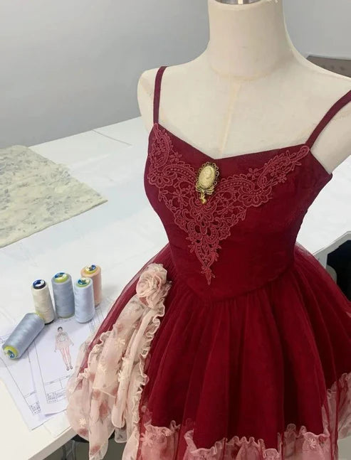 Green/Burgundy Homecoming Dress Spaghetti Strap A-Line Short Tulle Ball Gown nv4265