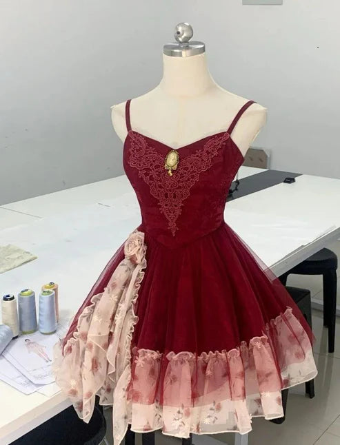 Green/Burgundy Homecoming Dress Spaghetti Strap A-Line Short Tulle Ball Gown nv4265