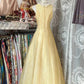 Robe de soirée jaune, col rond, coupe trapèze, longue, en tulle, robe de bal, nv4297