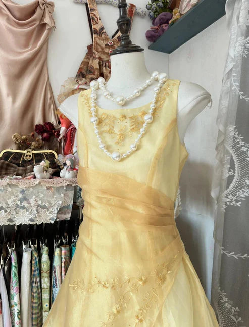 Robe de soirée jaune, col rond, coupe trapèze, longue, en tulle, robe de bal, nv4297