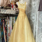 Robe de soirée jaune, col rond, coupe trapèze, longue, en tulle, robe de bal, nv4297