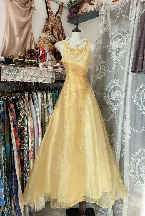 Robe de soirée jaune, col rond, coupe trapèze, longue, en tulle, robe de bal, nv4297