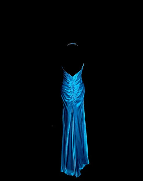 Blue Beaded Backless Long Satin Ball Gown Evening Gown Graduation Gown nv4402