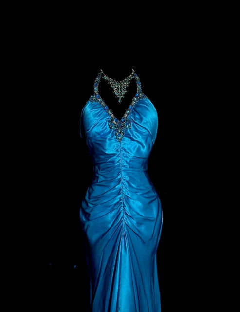 Blue Beaded Backless Long Satin Ball Gown Evening Gown Graduation Gown nv4402