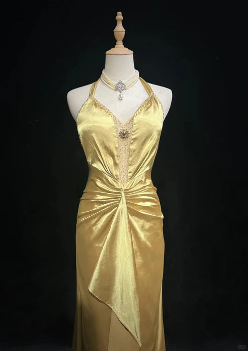 Gelbes, perlenbesetztes langes Vintage-Satin-Ballkleid, Abendkleid, Abschlusskleid, nv4399