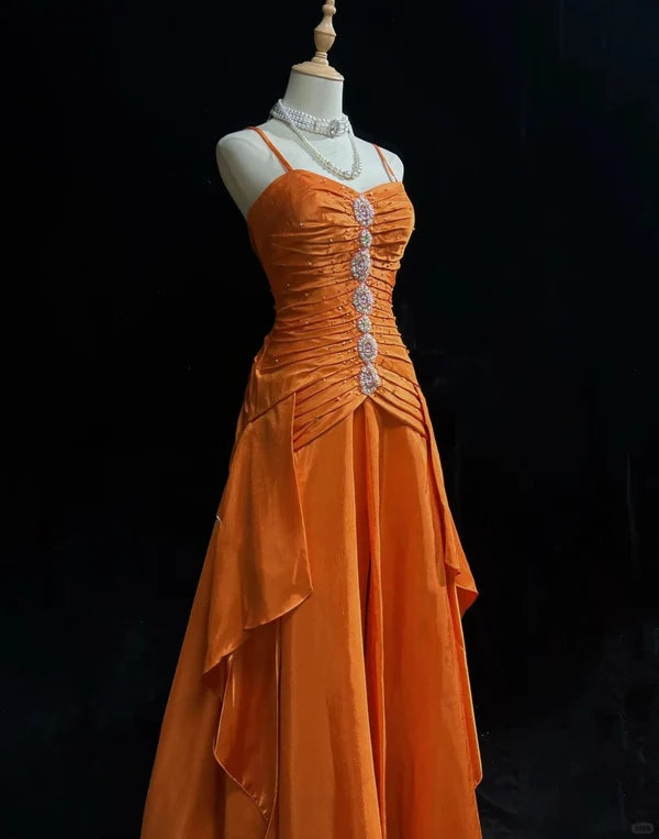 Orange Perlenbesetztes langes Vintage-Satin-Ballkleid, Abendkleid, Abschlusskleid, nv4398