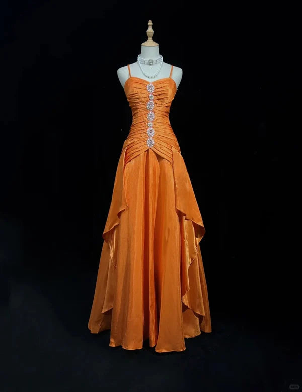 Orange Perlenbesetztes langes Vintage-Satin-Ballkleid, Abendkleid, Abschlusskleid, nv4398
