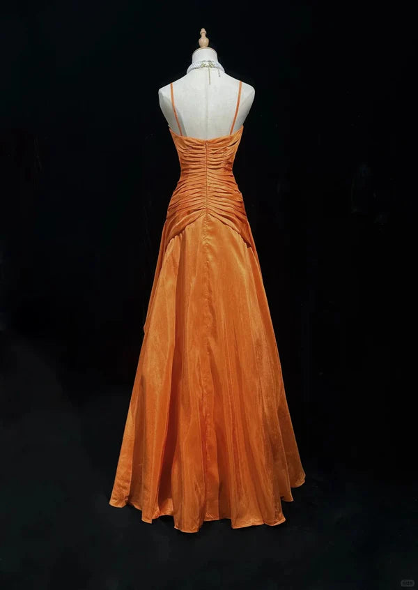 Orange Perlenbesetztes langes Vintage-Satin-Ballkleid, Abendkleid, Abschlusskleid, nv4398