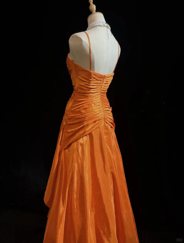 Orange Perlenbesetztes langes Vintage-Satin-Ballkleid, Abendkleid, Abschlusskleid, nv4398