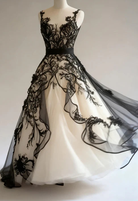 NiceVestidos-Black-White Paneled Lace Tulle Sleeveless Floor-Length Gothic Gown NV6201