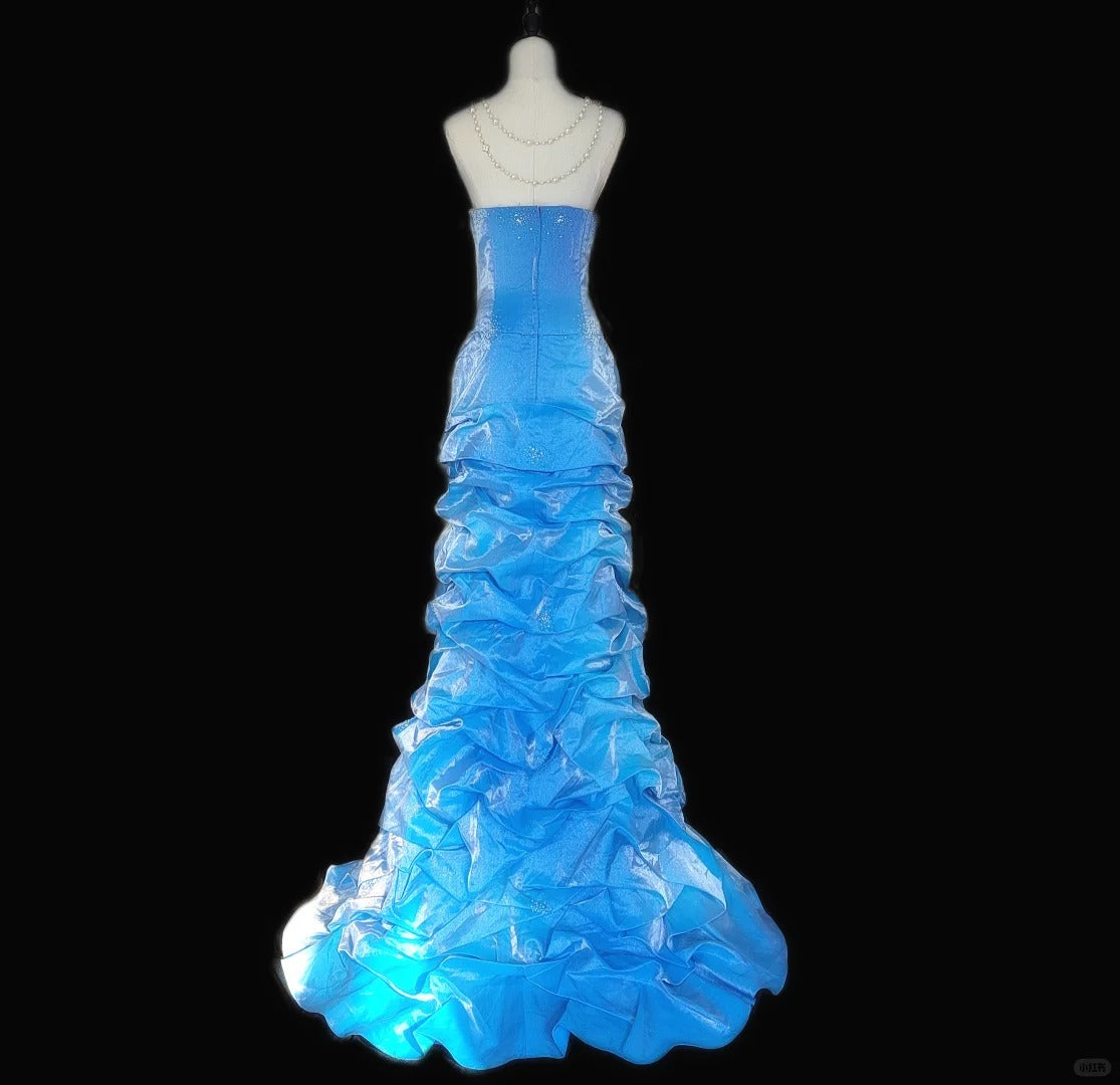 Blue Gorgeous Elegant Beautiful Exquisite Beaded Long Floor Length Satin Ball Gown Evening Dress Party Dress Prom Dress nv3983