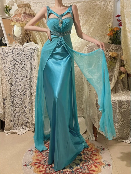 Blue Beaded Long Satin Mermaid Ball Gown Evening Gown Party Dress nv4320