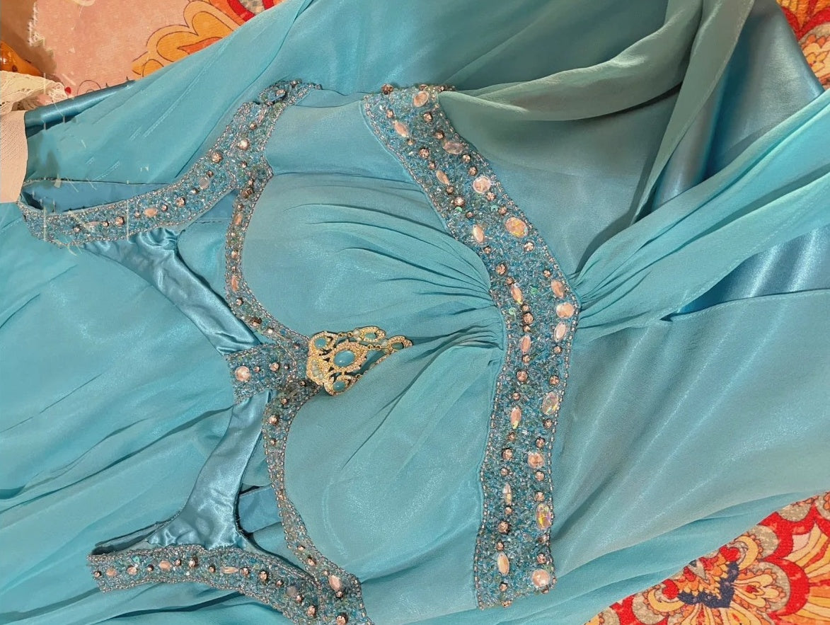 Blue Beaded Long Satin Mermaid Ball Gown Evening Gown Party Dress nv4320