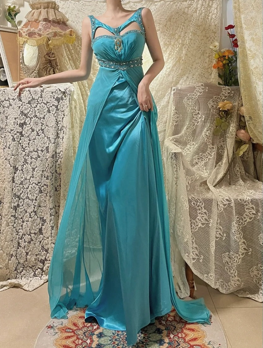 Blue Beaded Long Satin Mermaid Ball Gown Evening Gown Party Dress nv4320
