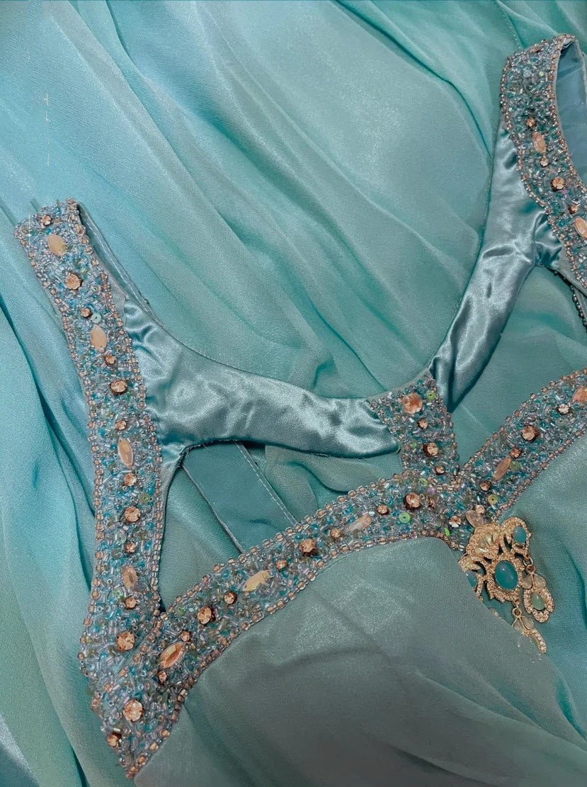 Blue Beaded Long Satin Mermaid Ball Gown Evening Gown Party Dress nv4320