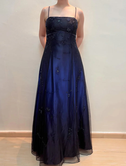 NiceVestidos--Dark blue/dark grey floral exquisite beaded long tulle prom gown fairy dress NV5777