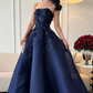 Navy Blue 3D Floral Beaded Ball Gown - Strapless Floor-Length Evening Dress NV6873