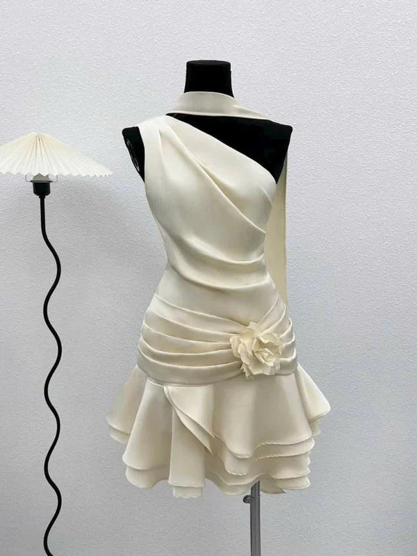 Ivory White Floral Short Satin Homecoming Dress Birthday Party Dress nv5304