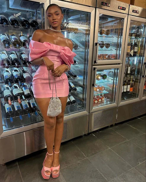 Fashion Pink Off Shoulder Bow Homecoming Dress Short Homecoming Dress Prom Dress Evening Dress nv1853