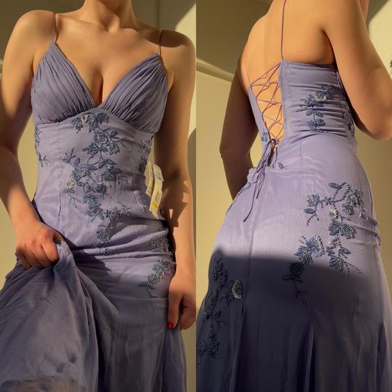 Blue/Purple/Burgundy Fashion Elegant Spaghetti Strap Applique Fairy Long Chiffon Ball Gown Evening Gown Party Dress nv3775