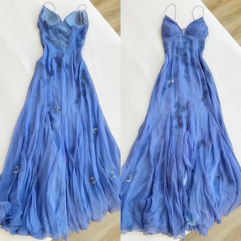 Blue/Purple/Burgundy Fashion Elegant Spaghetti Strap Applique Fairy Long Chiffon Ball Gown Evening Gown Party Dress nv3775