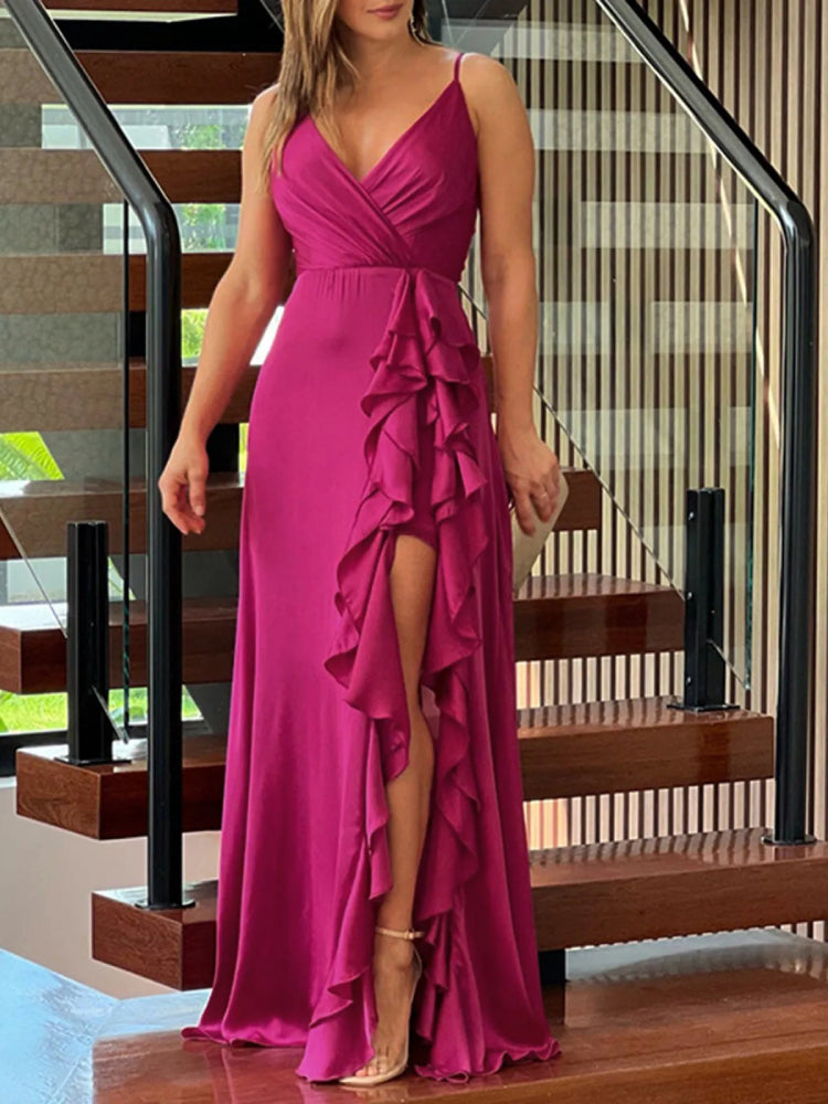 Irregular Ruffle Trim Split Cami Dress Rose red nv1339