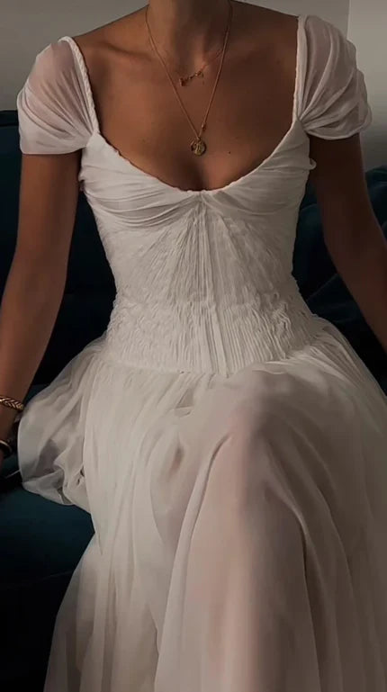 White Solid Pretty Charming Long Chiffon A-Line Floor Length Train Ball Gown Evening Dress Wedding Bridesmaid Dresses prom dress nv3825