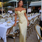 Hellgelbes, schlichtes, elegantes, schulterfreies, langes Meerjungfrauen-Abendkleid mit schmaler Passform aus Satin, Ballkleid, Partykleid, nv3461