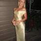 Hellgelbes, schlichtes, elegantes, schulterfreies, langes Meerjungfrauen-Abendkleid mit schmaler Passform aus Satin, Ballkleid, Partykleid, nv3461