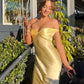 Hellgelbes, schlichtes, elegantes, schulterfreies, langes Meerjungfrauen-Abendkleid mit schmaler Passform aus Satin, Ballkleid, Partykleid, nv3461