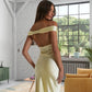 Hellgelbes, schlichtes, elegantes, schulterfreies, langes Meerjungfrauen-Abendkleid mit schmaler Passform aus Satin, Ballkleid, Partykleid, nv3461