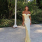 Hellgelbes, schlichtes, elegantes, schulterfreies, langes Meerjungfrauen-Abendkleid mit schmaler Passform aus Satin, Ballkleid, Partykleid, nv3461