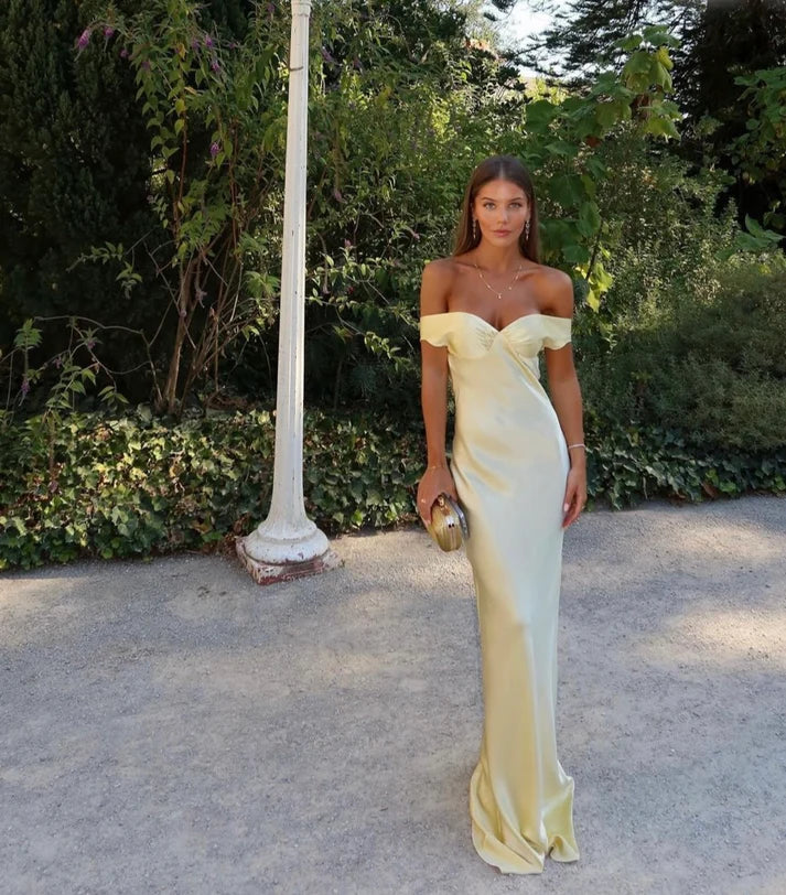 Hellgelbes, schlichtes, elegantes, schulterfreies, langes Meerjungfrauen-Abendkleid mit schmaler Passform aus Satin, Ballkleid, Partykleid, nv3461