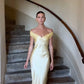Hellgelbes, schlichtes, elegantes, schulterfreies, langes Meerjungfrauen-Abendkleid mit schmaler Passform aus Satin, Ballkleid, Partykleid, nv3461