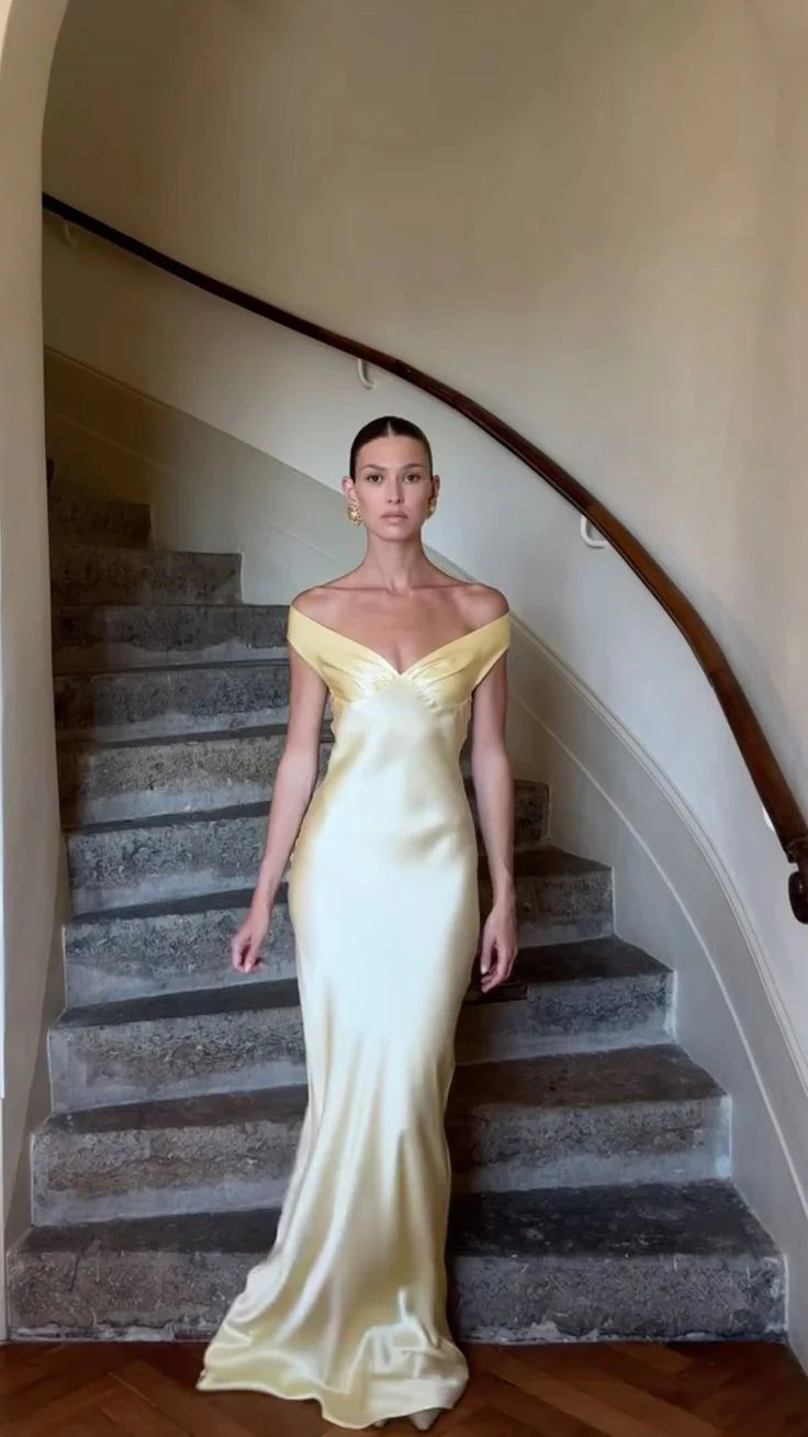 Hellgelbes, schlichtes, elegantes, schulterfreies, langes Meerjungfrauen-Abendkleid mit schmaler Passform aus Satin, Ballkleid, Partykleid, nv3461