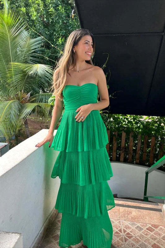 Robe de soirée longue à volants multicouches verte nv2223
