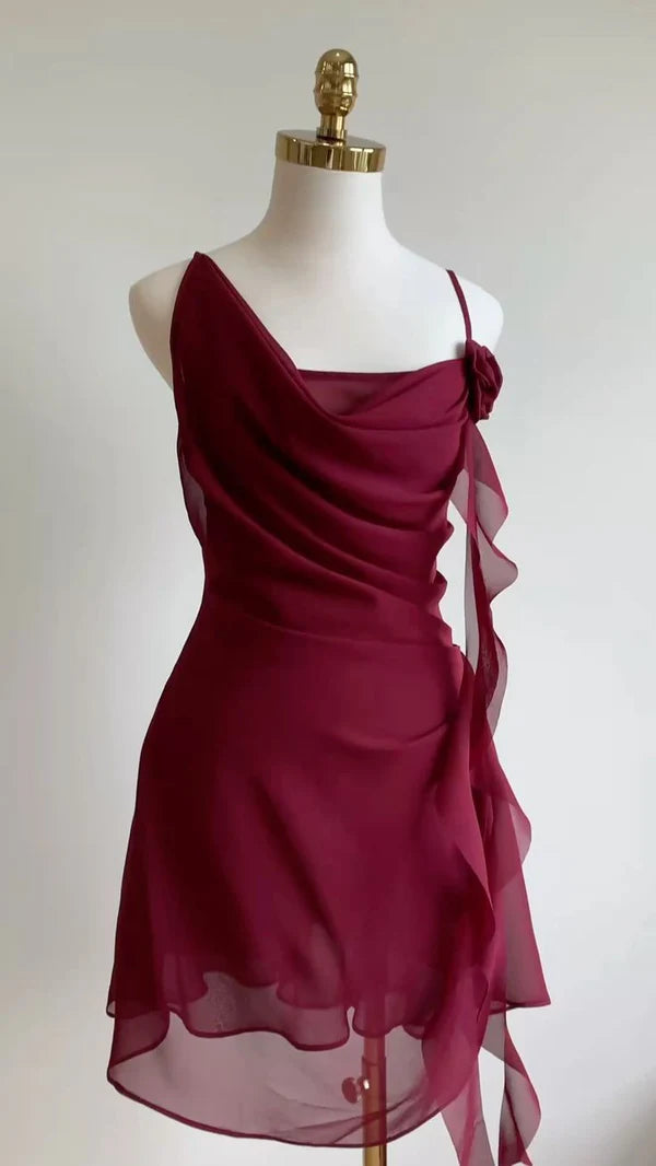 Burgundy One Shoulder Fashion Short Chiffon Homecoming Dress Birthday Party Dress nv5277