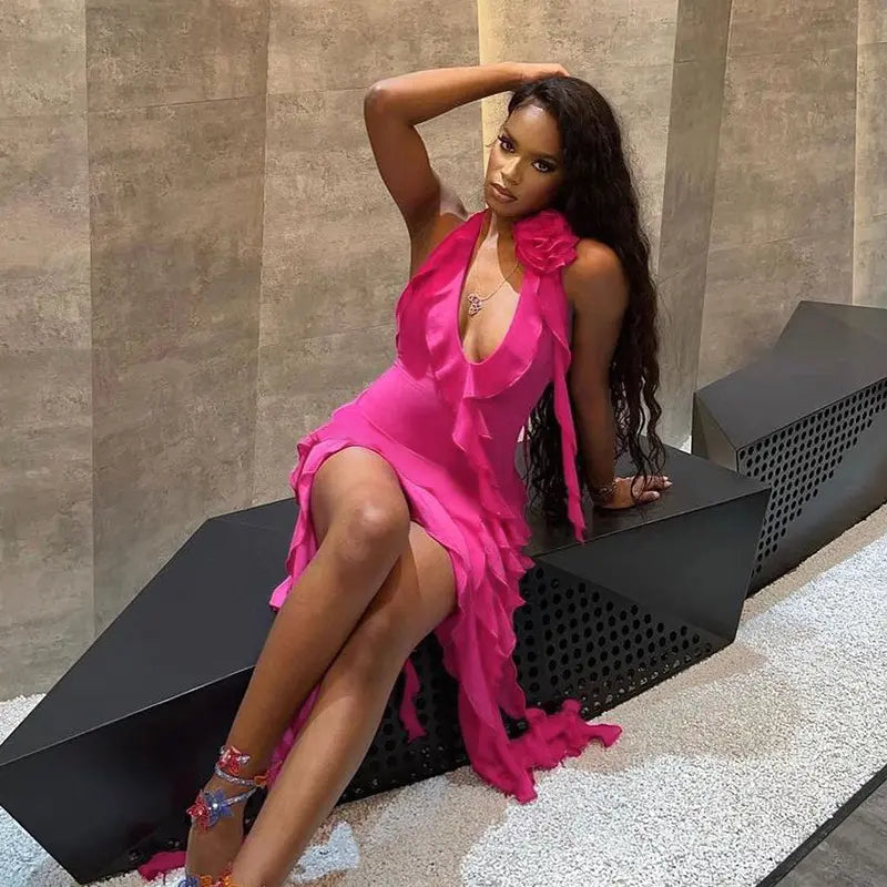 Pink Fashion Elegant Sexy Strapless Sleeveless Long Chiffon Ball Gown Holiday Birthday Party Dress Evening Dress Prom Dress nv3952