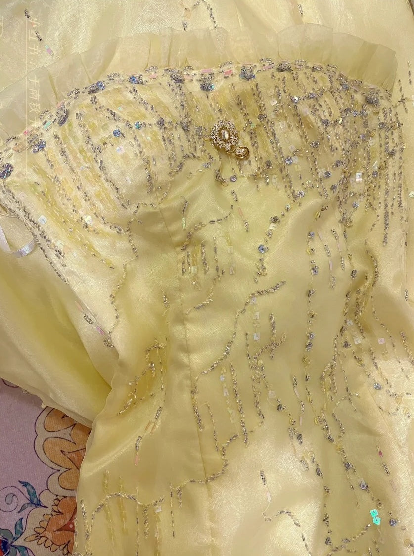 Yellow Beaded Long Satin Mermaid Ball Gown Evening Gown Party Dress nv4319