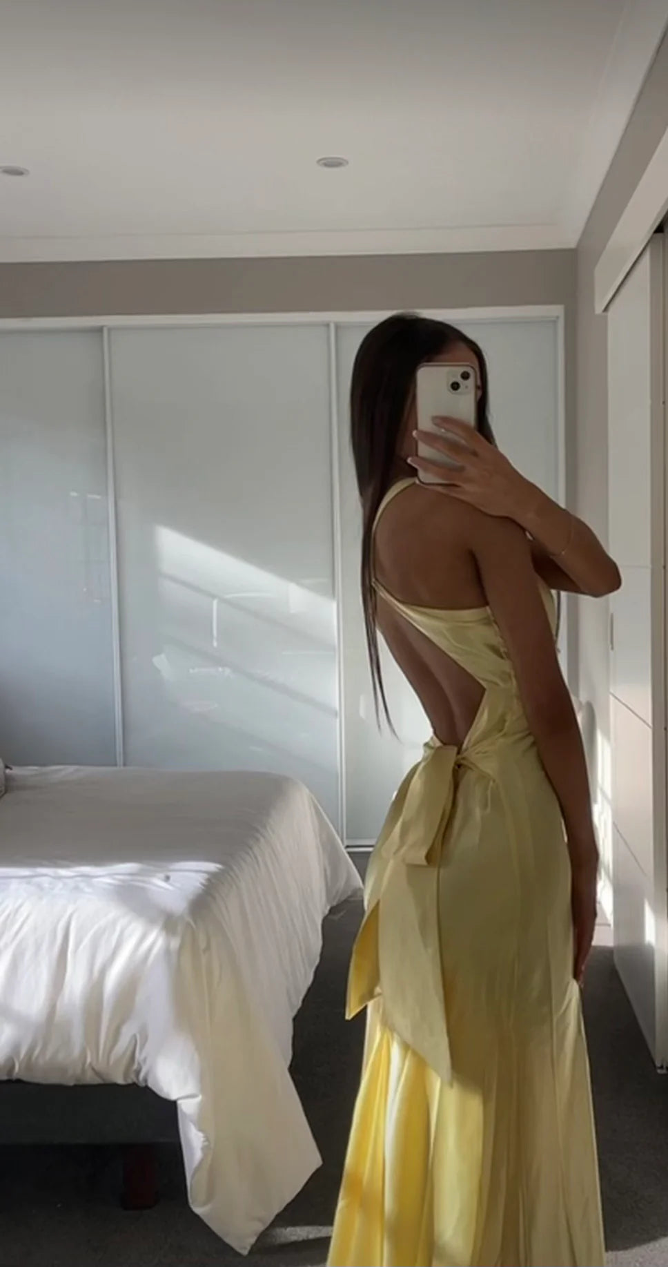 Yellow V-neck backless fashion elegant long satin ball gown evening dress wedding guest party dress nv2013