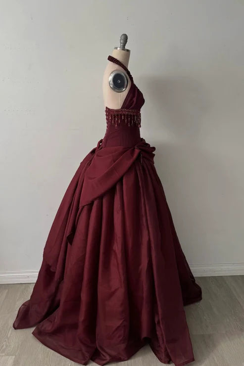Halter Sleeveless Burgundy Satin Maxi Dress Luxury Elegant Tassel Waist Ball Gown for Gala Ball NV6299