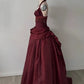 Halter Sleeveless Burgundy Satin Maxi Dress Luxury Elegant Tassel Waist Ball Gown for Gala Ball NV6299