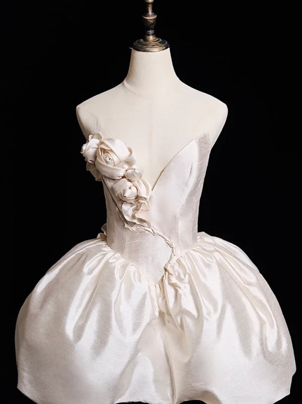 Cute A Line V Neck 3D Floral White Satin Short Homecoming Dress Birthday Dress nv5395